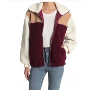 Lush Womens Faux Shearling Full Zip Colorblock Bomber Jacket In Wine Camel Small